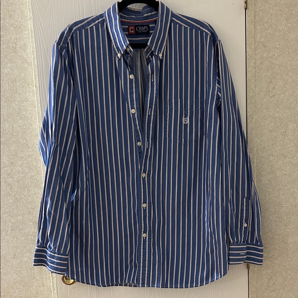 Chaps Navy and White Striped Button Down Shirt,Size XL